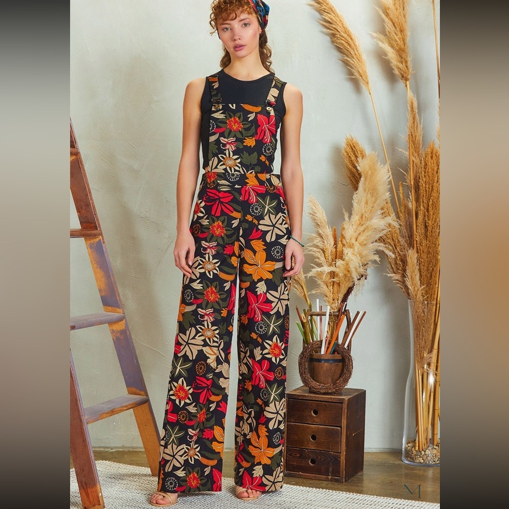 Floral Multicolor Women's Jumpsuit S NEW Jungle Print Overalls Linen Cotton Boho - Picture 4 of 13